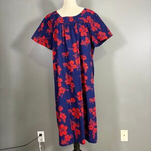 Vintage Ui Makai Hawaiian Muumuu Dress XL? Midi Hibiscus Cotton Barkcloth Island